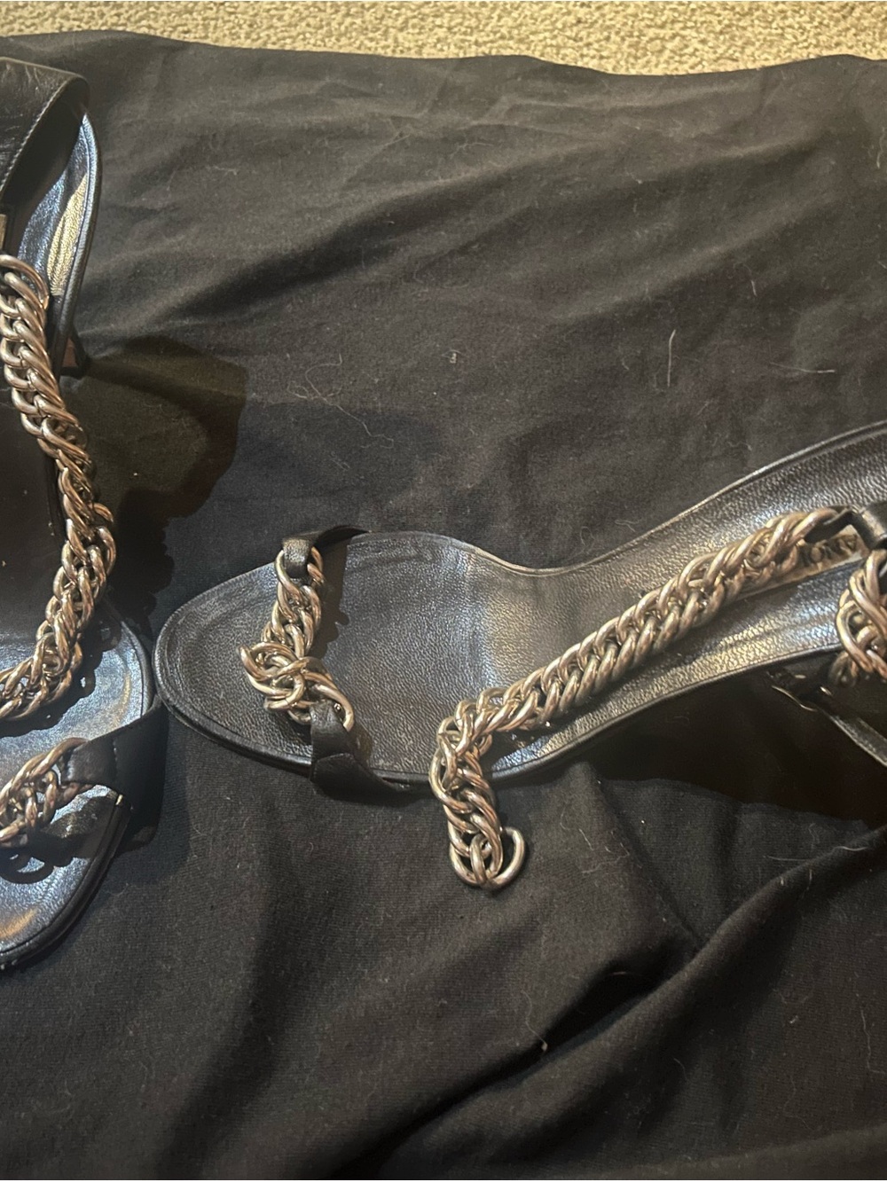 Manolo Blahnik Black Leather Chain-Trim Sandals